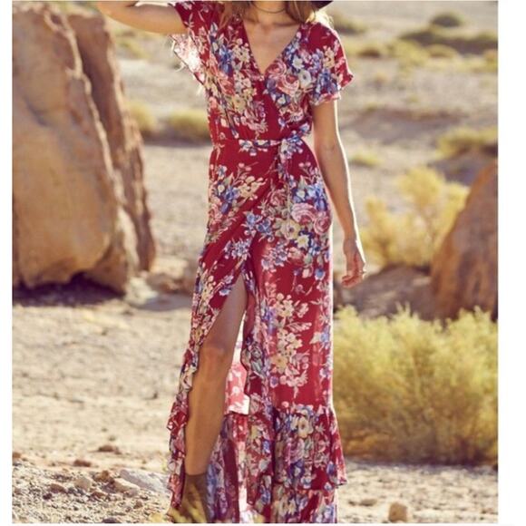 AUGUSTE THE LABEL Beach House Frill Floral Maxi Wrap Dress Red Berry {F40} - Picture 8 of 9